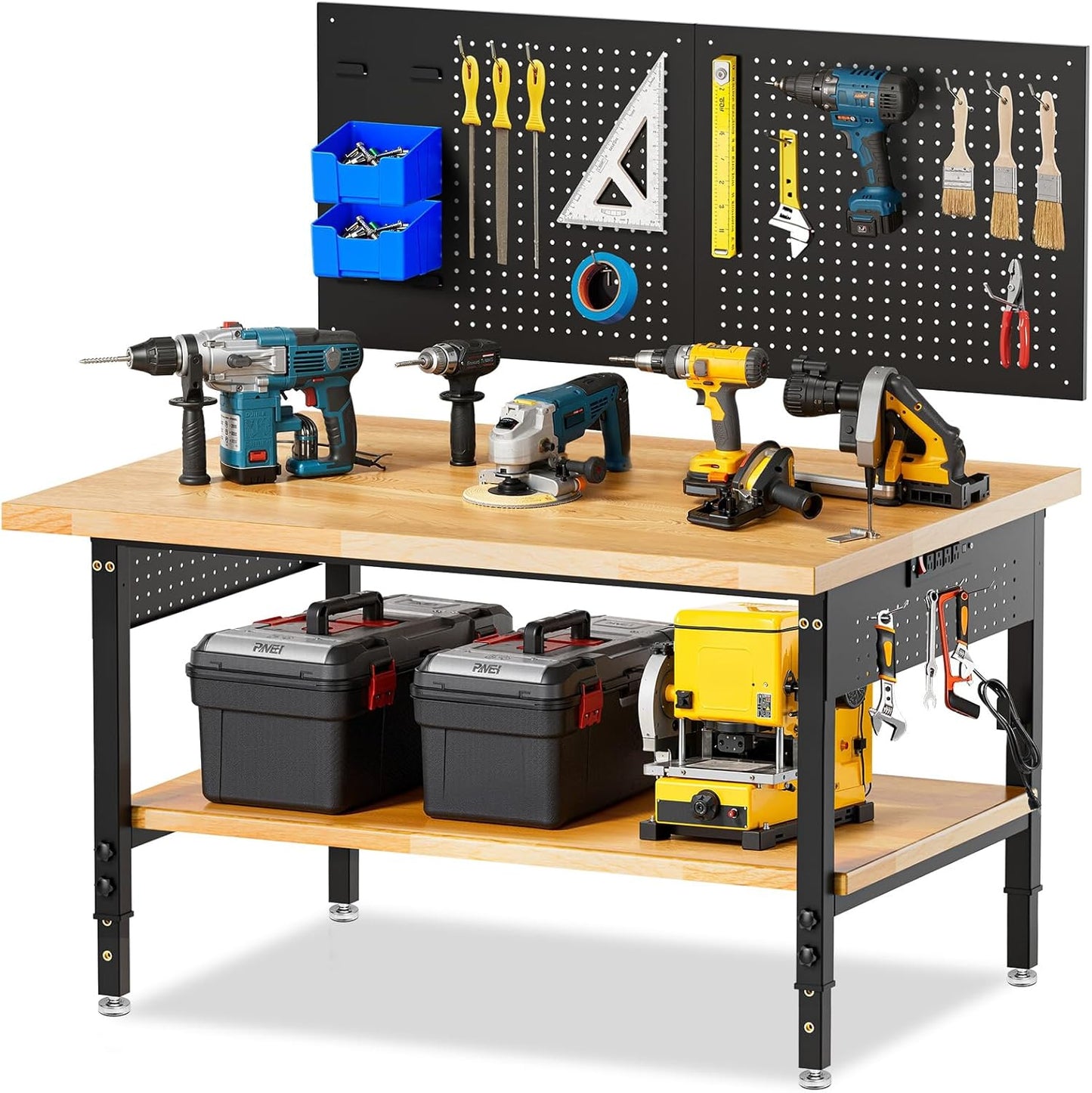 48“ Adjustable Height Workbench Work Bench for Garage Work Table with Under Table Shelf Heavy Duty Rubber Wood Top for Shop Woodworking, Office, Home, Commercial