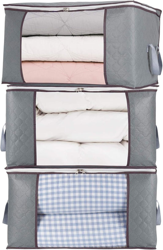 combocube 3Pcs Zippered Storage Bag for Closet King Comforter, pillow, quilt, bedding, Clothes, Blanket Organizers with Large Clear Window & Carry Handles Space Saver
