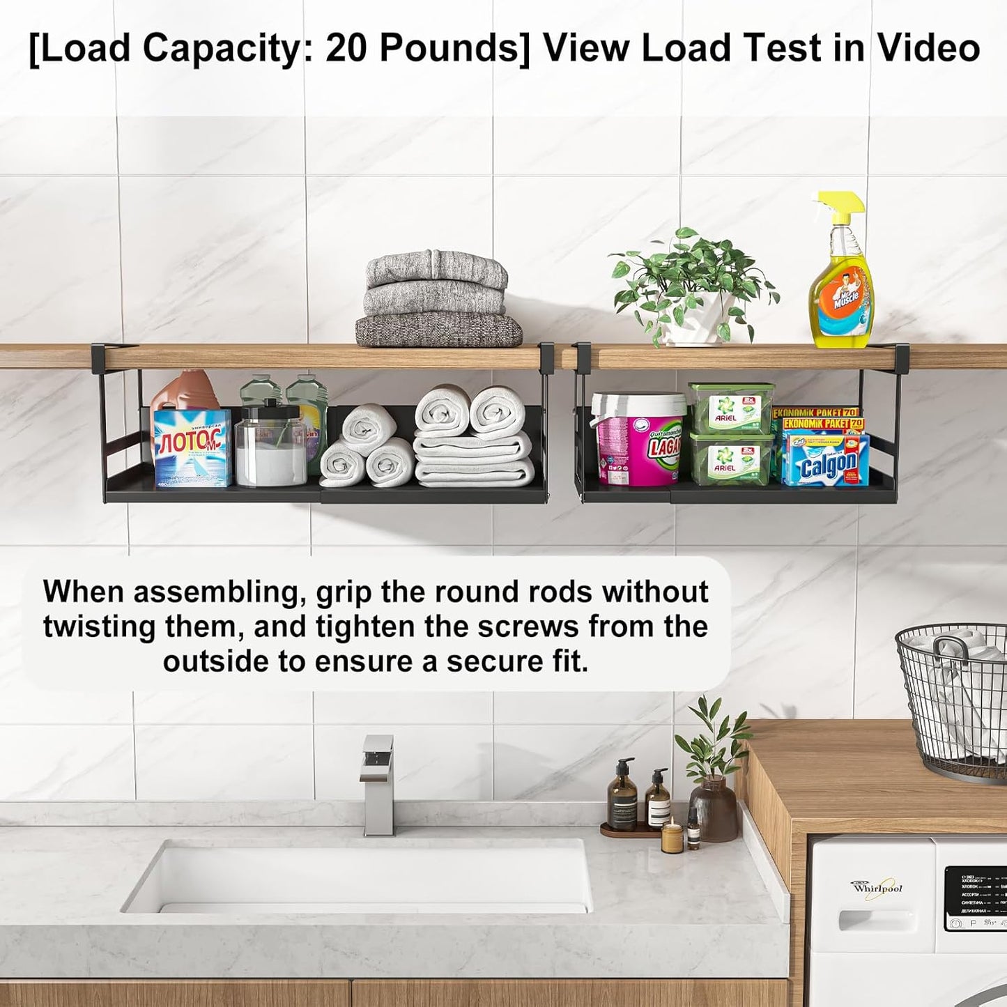 Expandable Under Cabinet Shelf Organizer with 0.94-Inch Thick Clips, Heavy Duty Extendable Under Shelf Storage Basket for Pantry or Laundry Room, Black, 1 Pack, Interior: 5.7" H x 7.2" D