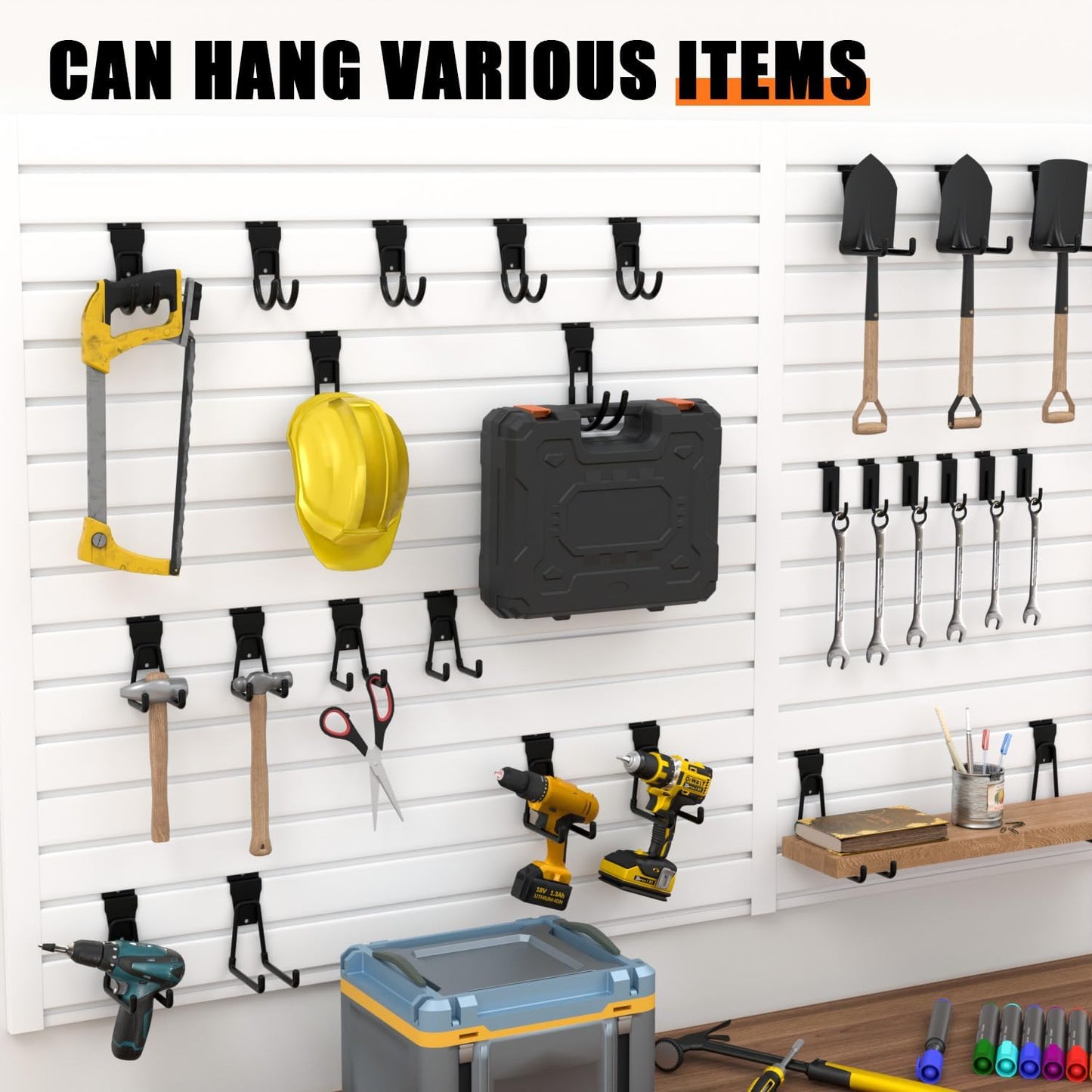 18-Pack Heavy-Duty Slatwall Hooks in Black, Firmly and Durable Garage Wall Organizer for Tools, Garden Equipment & Utility Storage, Garage Hooks for Hanging