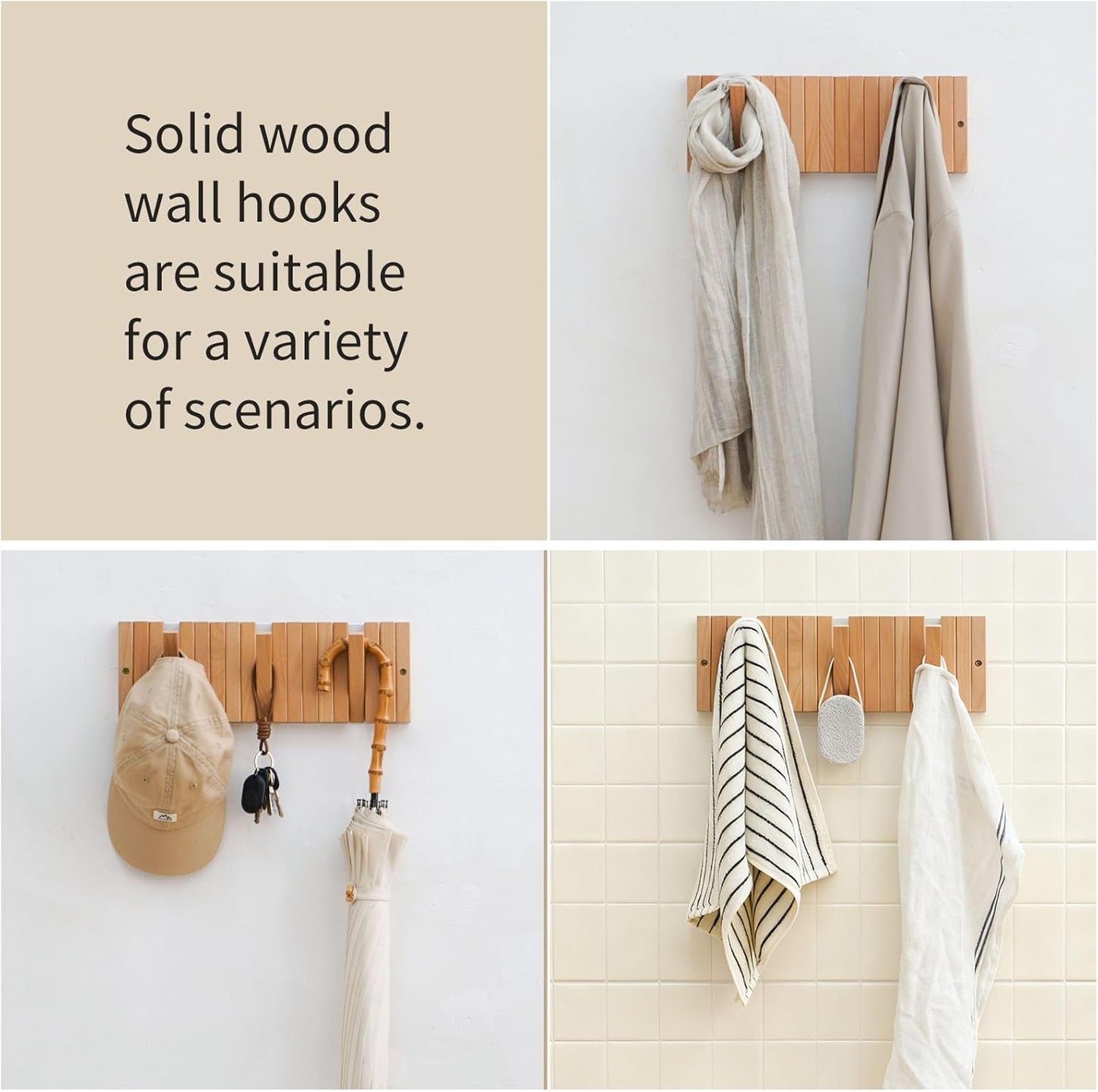 Coat & Hat Hooks Wall Mount with Key Holder, Wall Mounted Coat Rack with 9 Retractable Hangers, Solid Wood Slim Key Holder for Entryway, 17in Natural Finish