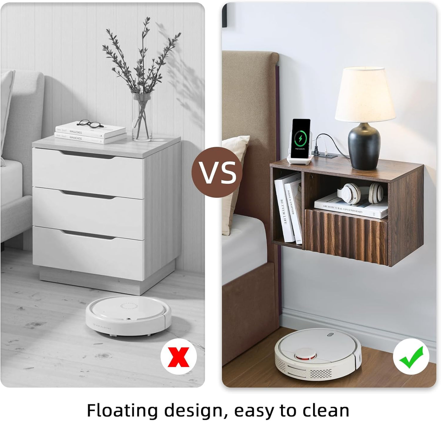 Floating Nightstand with Charging Station, Walnut Fluted Wall Mounted NightStand with Drawers, Bedside with USB Ports and Outlets, Bedroom Furniture (Set of 2)