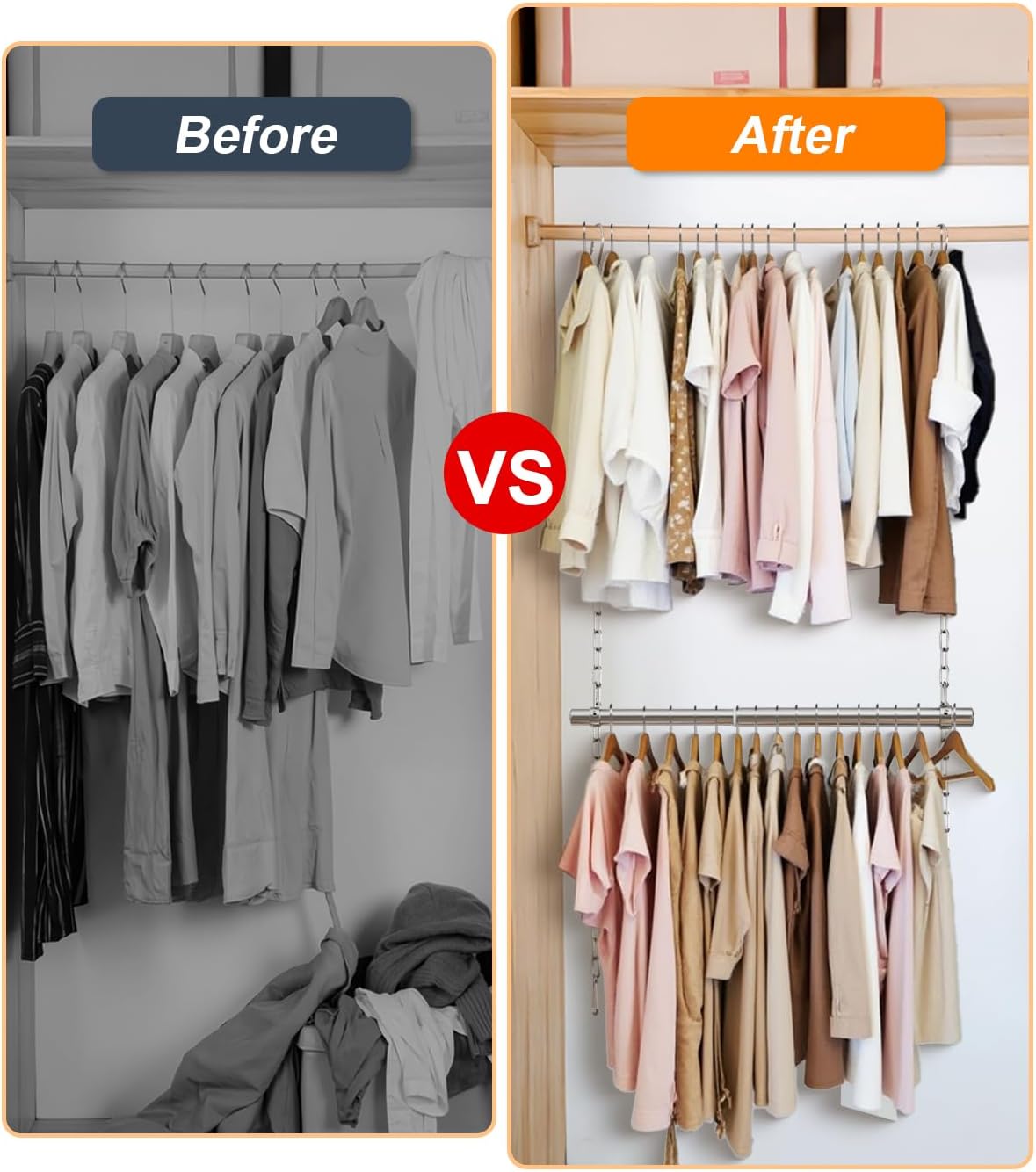 Hanging Closet Rod, Adjustable Width and Height Closet Rods Extender, 17-40inch Heavy-Duty Stainless Steel Bar, Space-Saving Closet Rod Hanging Clothes, 1Pack(Silver)