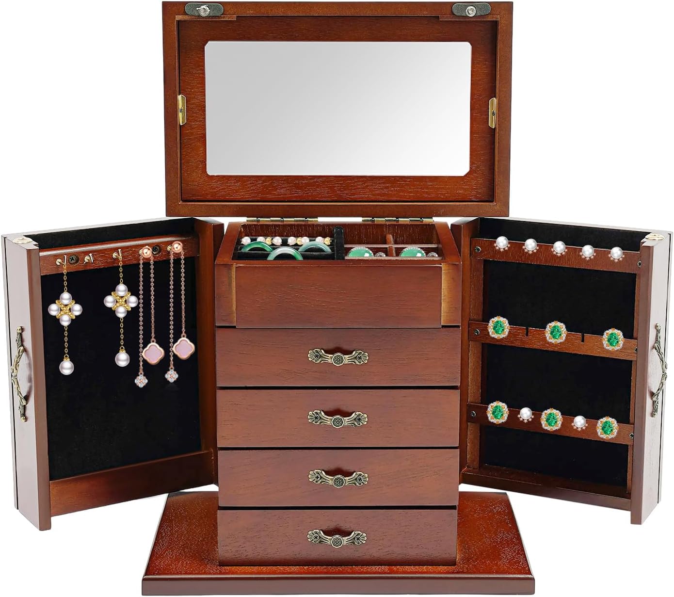 4-Drawer Wooden Jewelry Box, Wood Jewelry Organizer with 2 Side Doors and Mirror, Vintage Brown Finish Storage Case for Women Girls Gift Ready Watch Necklace Ring Earring