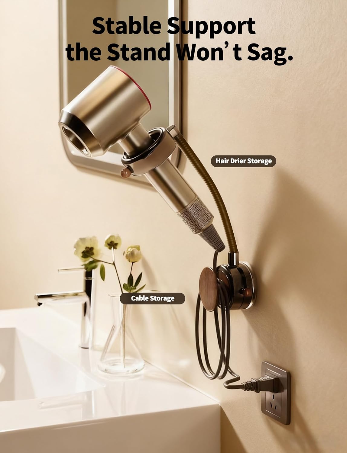 Hair Dryer Holder Wall Mounted with Suction Cup, No Drill Installation for Damage-Free Walls, 360° Adjustable Hands Free Blow Dryer Holder Fits Most Hair Dryers for Bathroom Organization1 Pack(Black)