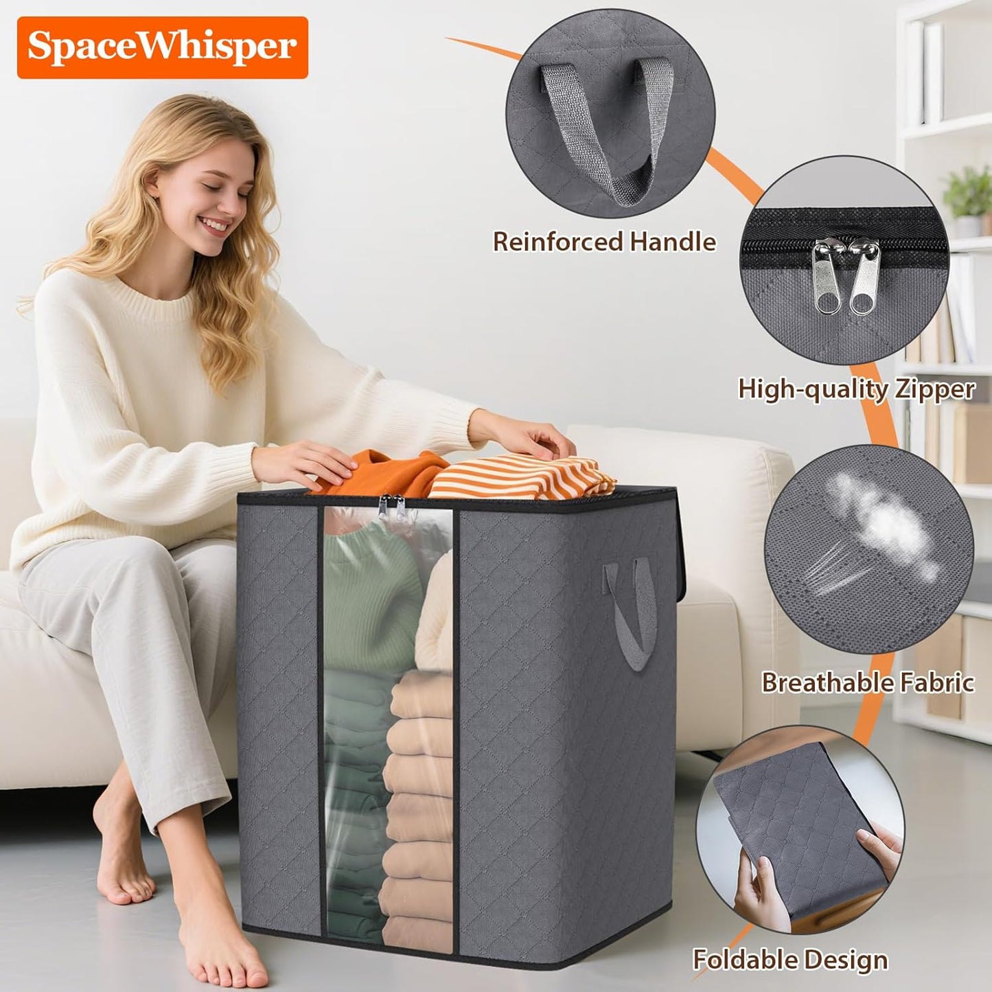 SpaceWhisper 8 Pack 100L Clothes Storage, Foldable Thick Fabric Blanket Storage Bags, Containers for Organizing Bedroom, Closet, Clothing, Comforter,Closet Organization with Handle,Grey