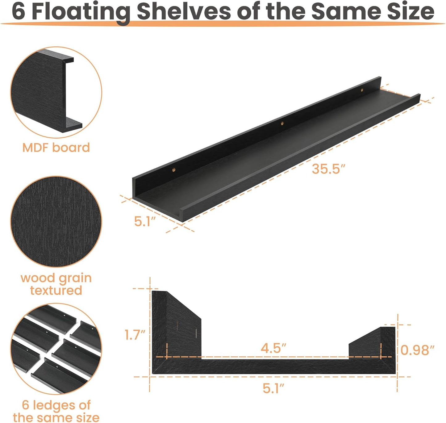 upsimples Floating Shelves for Wall, 35.5 Inch Shelves for Decor Storage Set of 6, Wall Mounted Wood Shelf for Bedroom, Living Room, Bathroom, Kitchen, Long Picture Ledge Shelves, Black