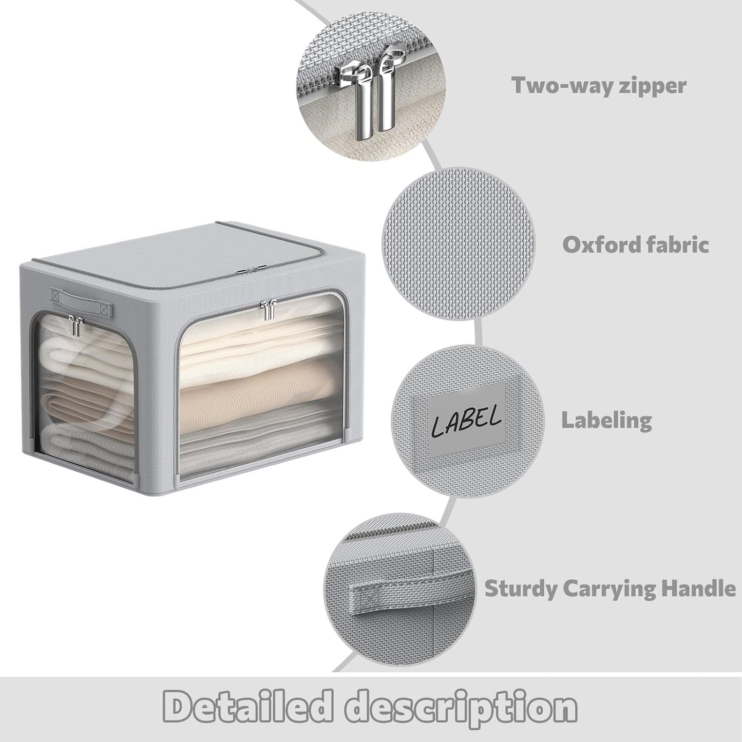 CYhom 3Pack Clothes Storage Bins - Oxford Frame Storage Box Foldable Stackable Storage Organizer with 3 Openings Design, Metal Frame, Clear Window, Carry Handles (36L-15.7 * 11.8 * 11.8in, Grey)