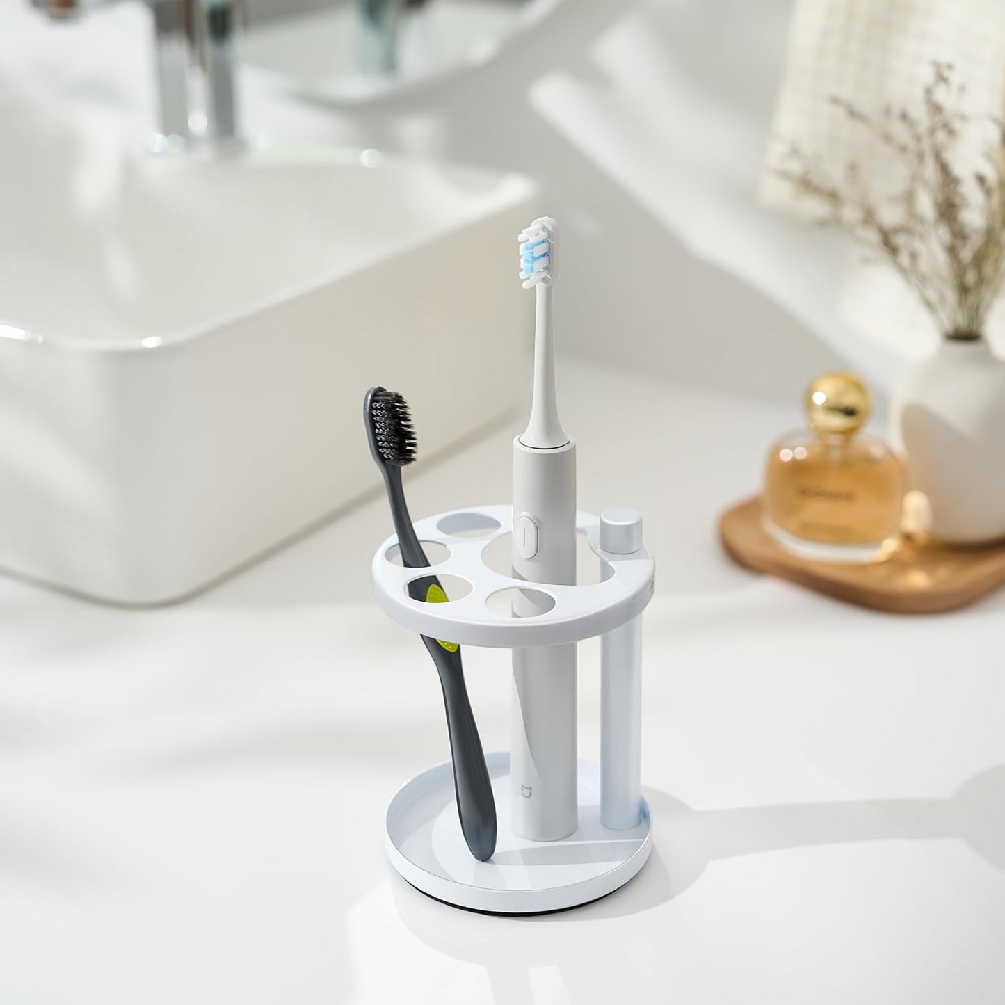 Metal Toothbrush Holder Stand for Bathroom: Stainless Steel Ventilated Organizer with Slots for Electric Toothbrushes, Toothpaste, Razors & Small Comb, Unique Footprint Base Design, White