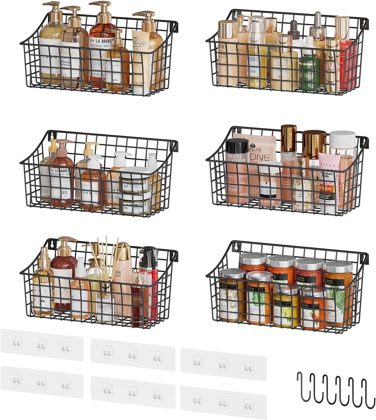 Sonyabecca 6 Pack Hanging Wall Basket for Organizing, EXTRA Large Wire Basket for Pantry with 5 S Hook+6 Adhesive Hook, Wall Mounted Shelf for Kitchen,Bedroom, Bathroom RV,Garage Organization& Storage