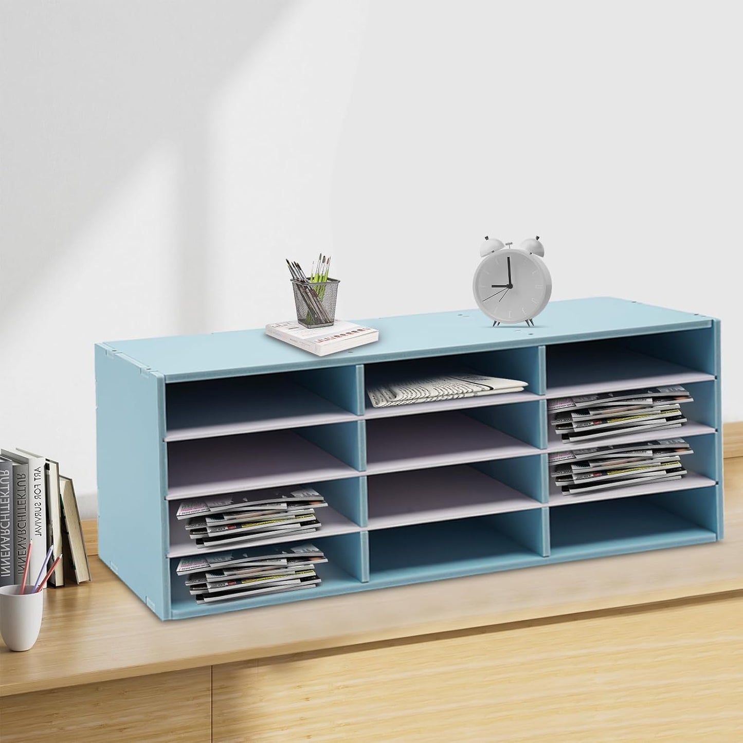 Mail Sorter Organizer, 12 Compartments Mailbox for Classroom, Desktop File Organizer with Adjustable Shelves, for Office Home Classroom, PVC, Blue