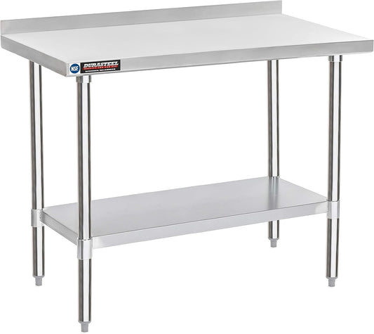 DuraSteel NSF Commercial Kitchen Table - 24 x 48 Inch Cooking Prep Stainless Steel Kitchen Island Workstation w/ Adjustable Under Shelf - Heavy Metal Backsplash Workbench For Restaurant, Home, Garage