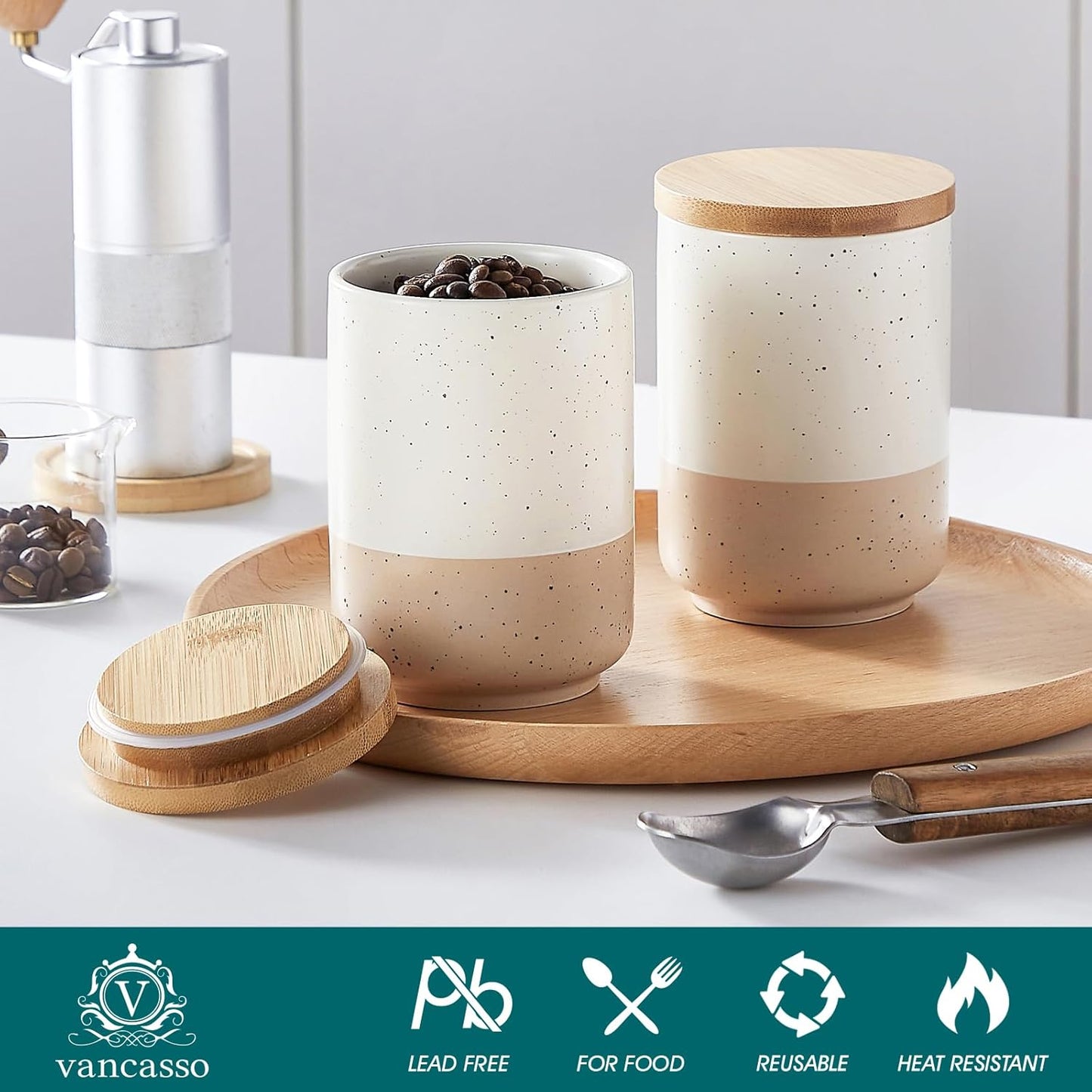 vancasso Sabine Ceramic Canister Set with Airtight Wood Lids - 4-Piece Small Kitchen Storage for Coffee, Sugar, Tea & Spices (18 oz Each) - Compact Countertop Jars