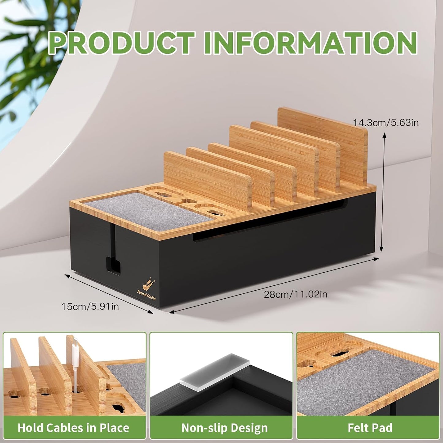 Pezin & Hulin Cable Management Box, Docking Station for Multi Devices, with 5 Ports Charge Adapter and 6 Cables, Wire Organizer for Cords, Box to Hide Cords and Storage Power Strip -Natural + Black