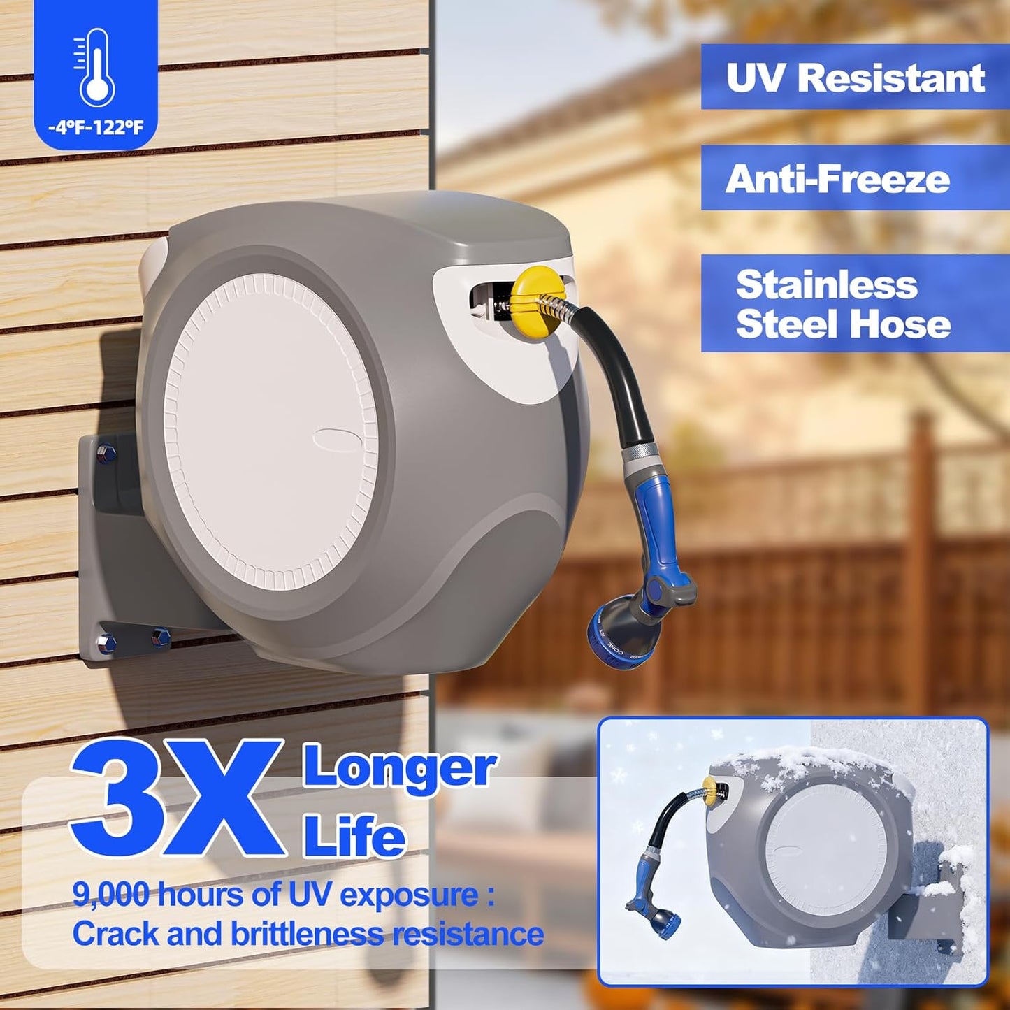 SPECILITE Retractable Garden Hose Reel 100 FT 1/2", 304 Stainless Steel Water Pipe, 3x Life, Leak-Proof, UV & Freeze Resistant, Automatic Rewind & Any Length Lock, Wall Mount Hose Reels for Outside