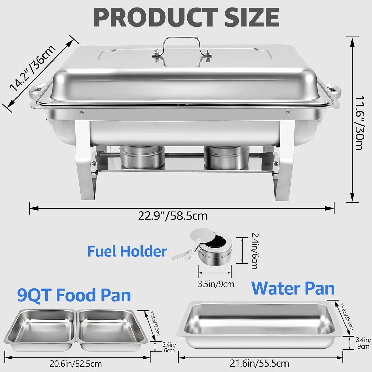 6 pack Chafing Dishes for Buffet of Stainless Steel Food Warmers 9 QT Chafers and Buffet Warmers Sets Commercial Catering Chafers, 12 Pans（full size+ 1/2 size+ 1/3 size)