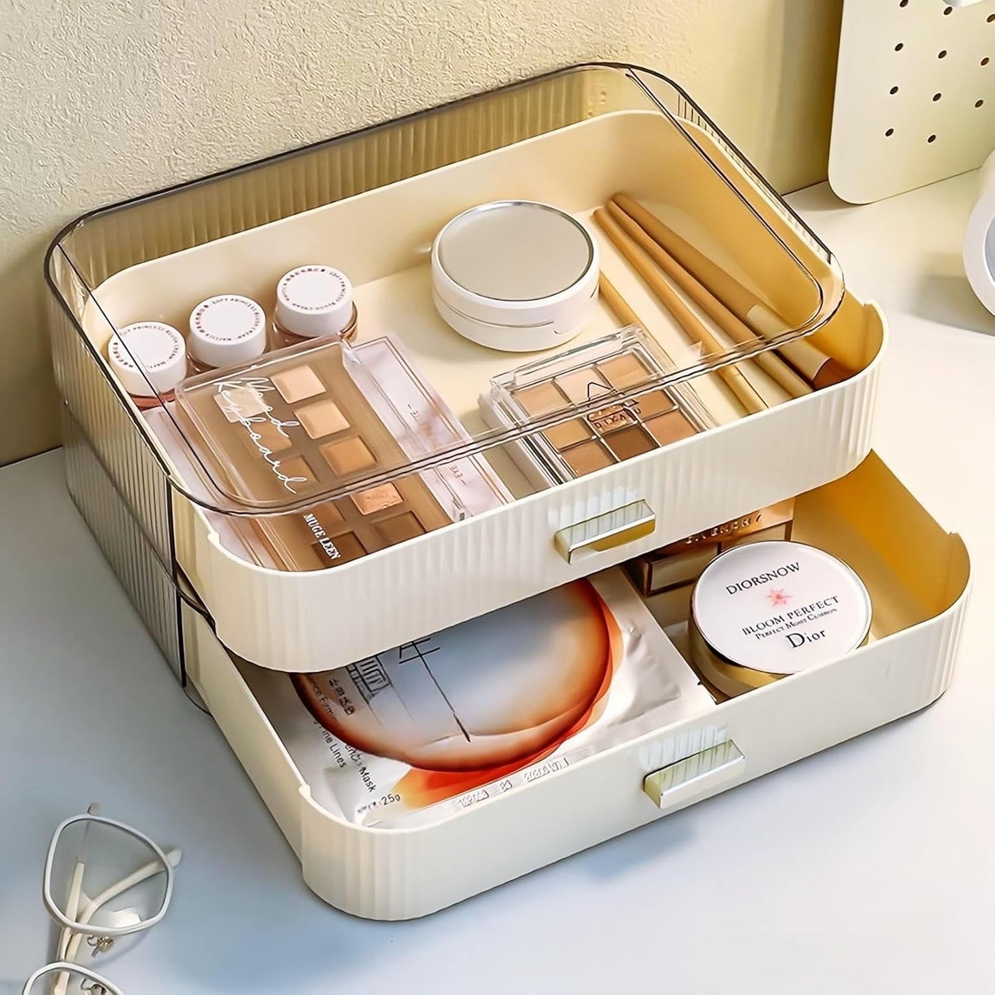 2 Pack Stackable Makeup Organizer with Drawers, Bathroom Storage for Eyeshadow Palettes, Cosmetics, and Beauty Supplies. Ideal for Vanity Counter, Cabinet, Entryway Table, Desk