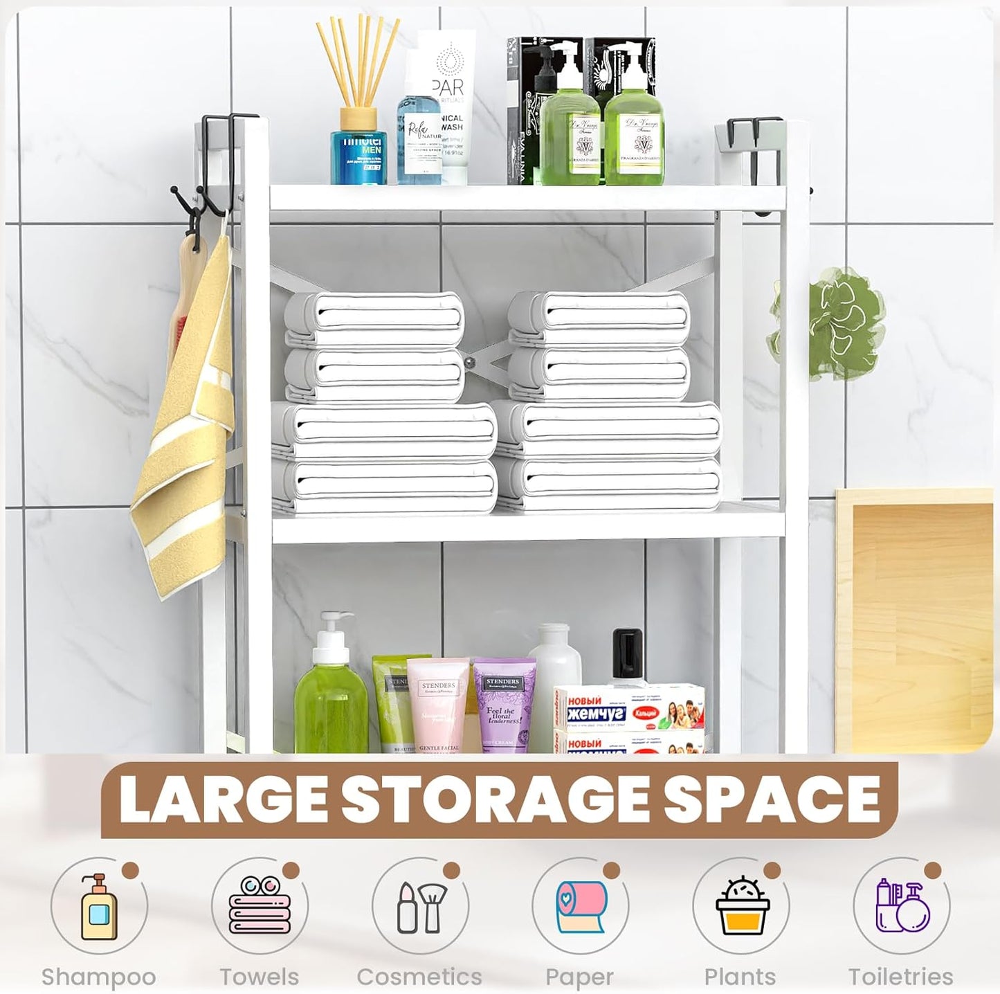 ZZL Over The Toilet Storage,3-Tier,Bathroom Toilet Organizer,Multifunctional Space Saver Freestanding Bathroom Shelves with 4 Hooks,White