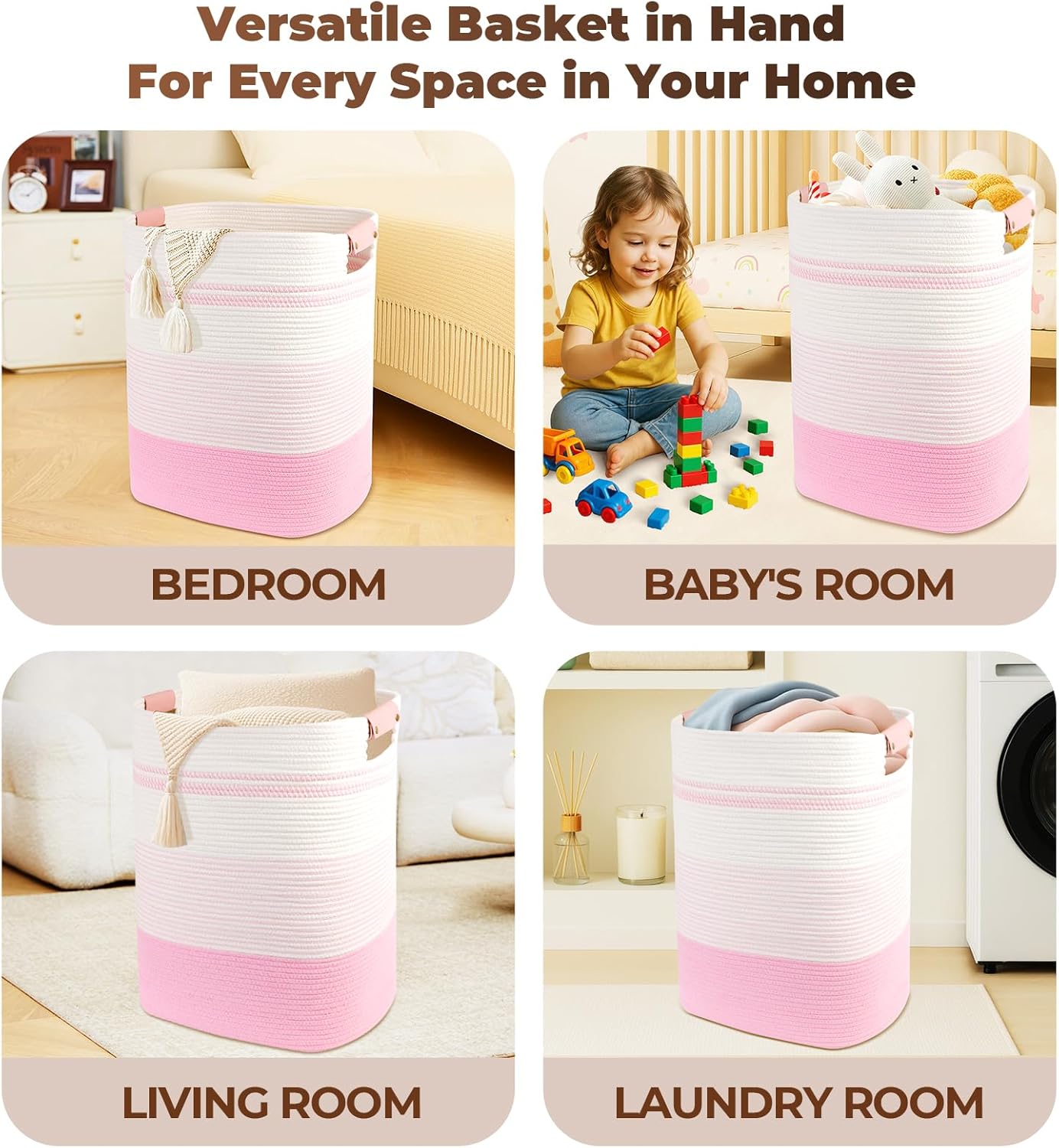 Laundry Basket with Handles - Blanket Basket & Hampers for Bedroom Aesthetic, Laundry Hamper & Blanket Storage for Living Room, Clothes Hamper, Tall, Large 17" x 14" x 22”, Pink & White