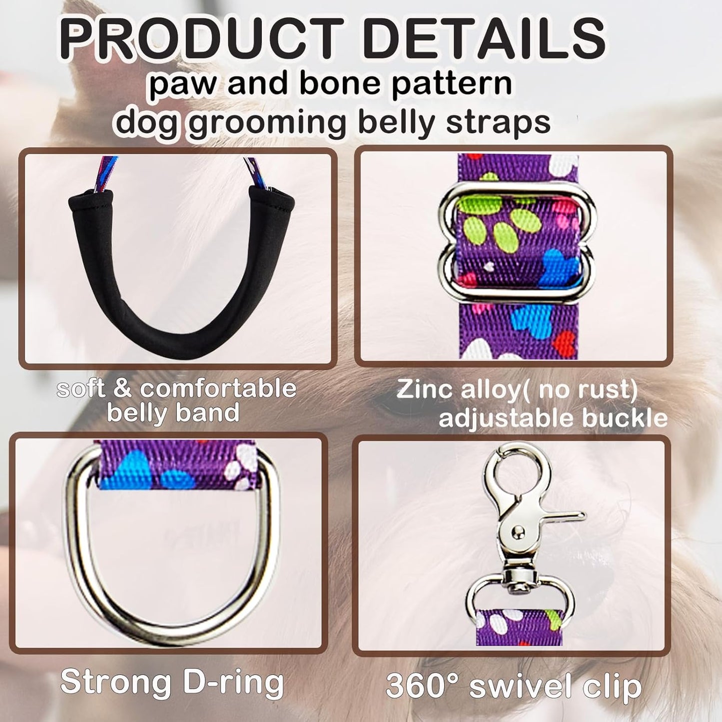 Dog Grooming Belly Straps – Adjustable Grooming Loops with Cute Paw & Bone Pattern – Pet Grooming Belly Band Table Accessories for Small to Large Dogs(Purple)
