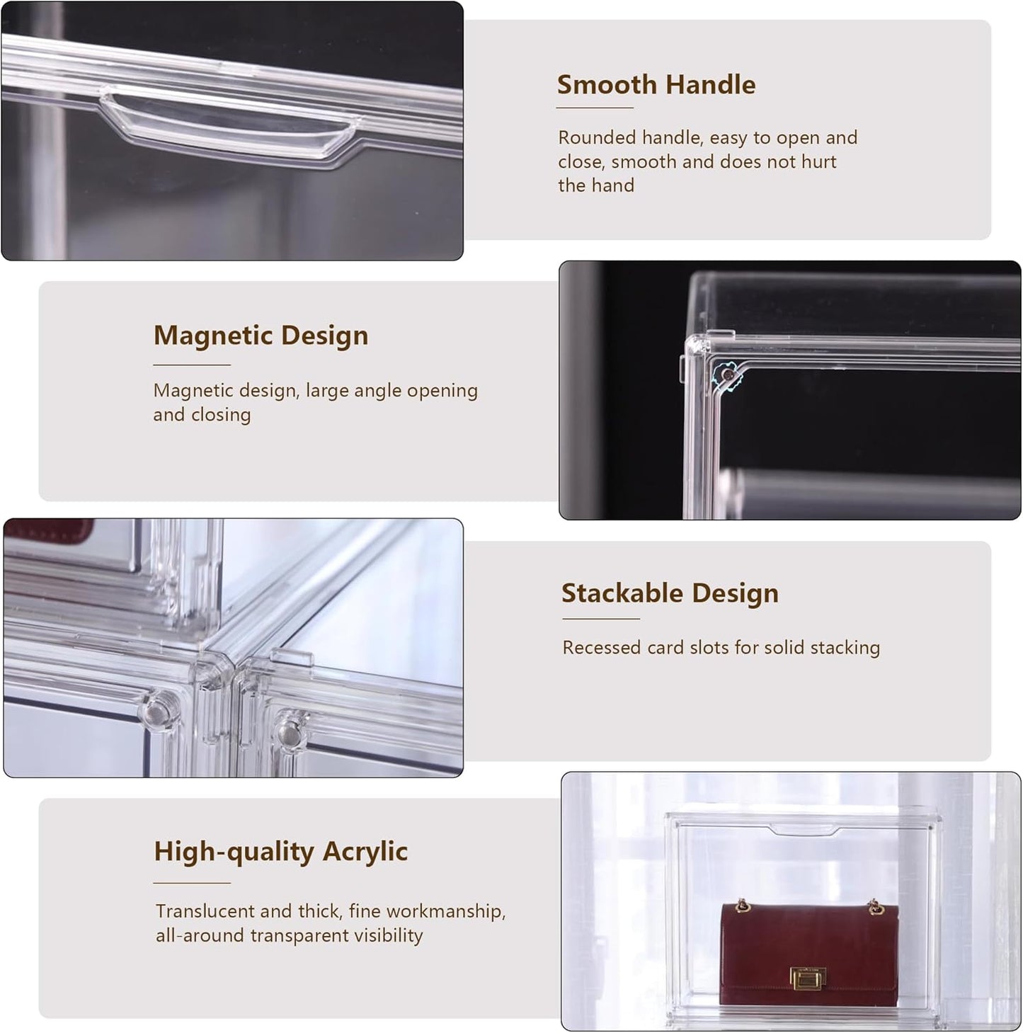 Purse Organizer for Closet, 5 Pack Clear Acrylic Display Case for Purse Handbag Storage, Stackable Purse Storage Boxes with Magnetic Door for Collectibles, Wallet, Cosmetic