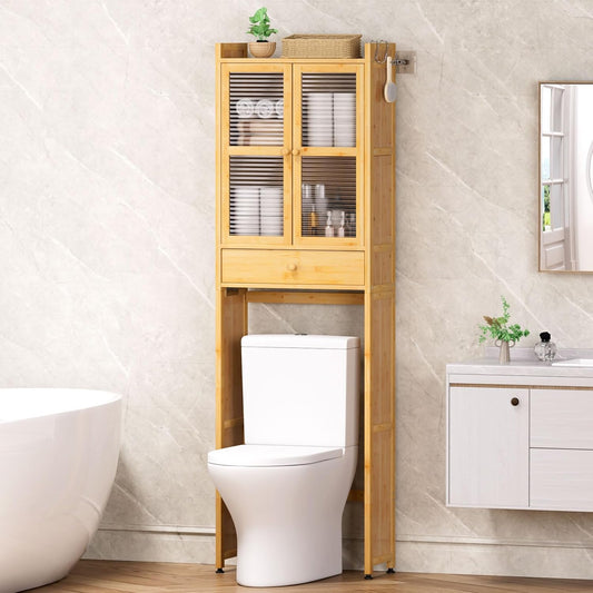 Over The Toilet Storage Cabinet: Bathroom Organizer Shelf with 1 Drawer and 2 Doors - Bamboo Saver Space Freestanding Rack for Restroom