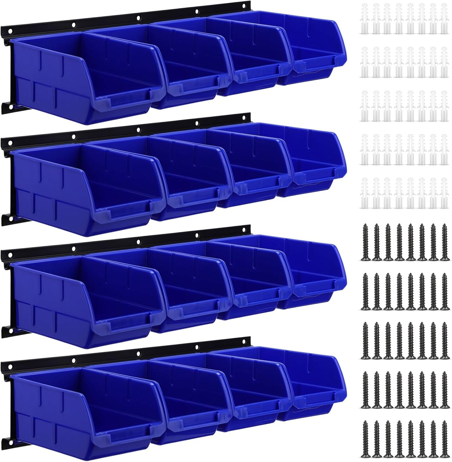 Maitys Wall Mounted Storage Bins Plastic Hanging Stackable Storage Parts Garage Tool Organizer for Screws, Nuts, Bolts, Nails, and Small Hardware Parts, 16x Bins & 4 x Rails(Blue)