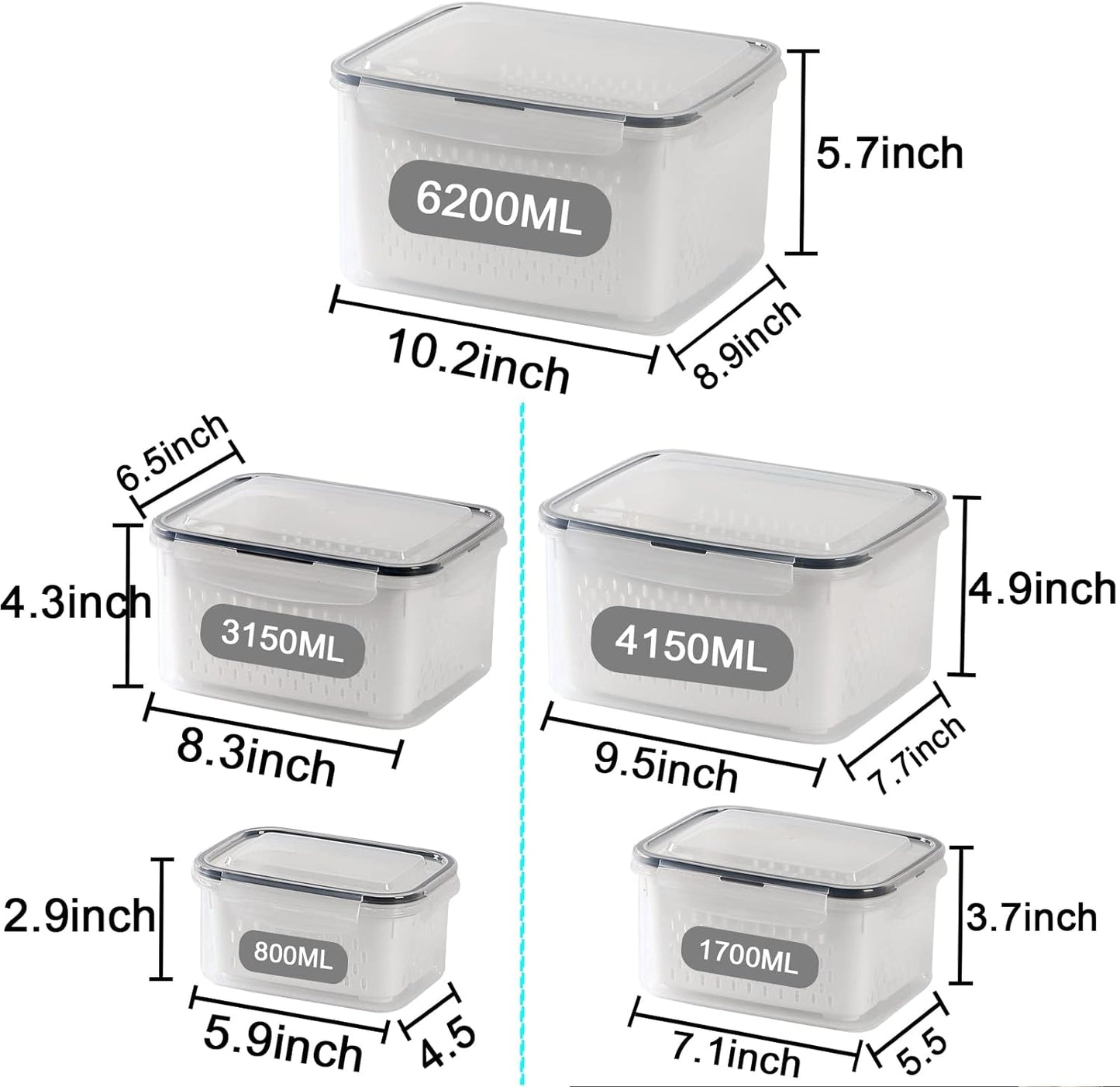 Large Fridge Food Storage Container Set with Lids with Strainer, Fruit Vegetable Storage Containers Keep Fruits, Vegetables, Berry, Meat Fresh longer, BPA-Free Plastic Produce Keepers