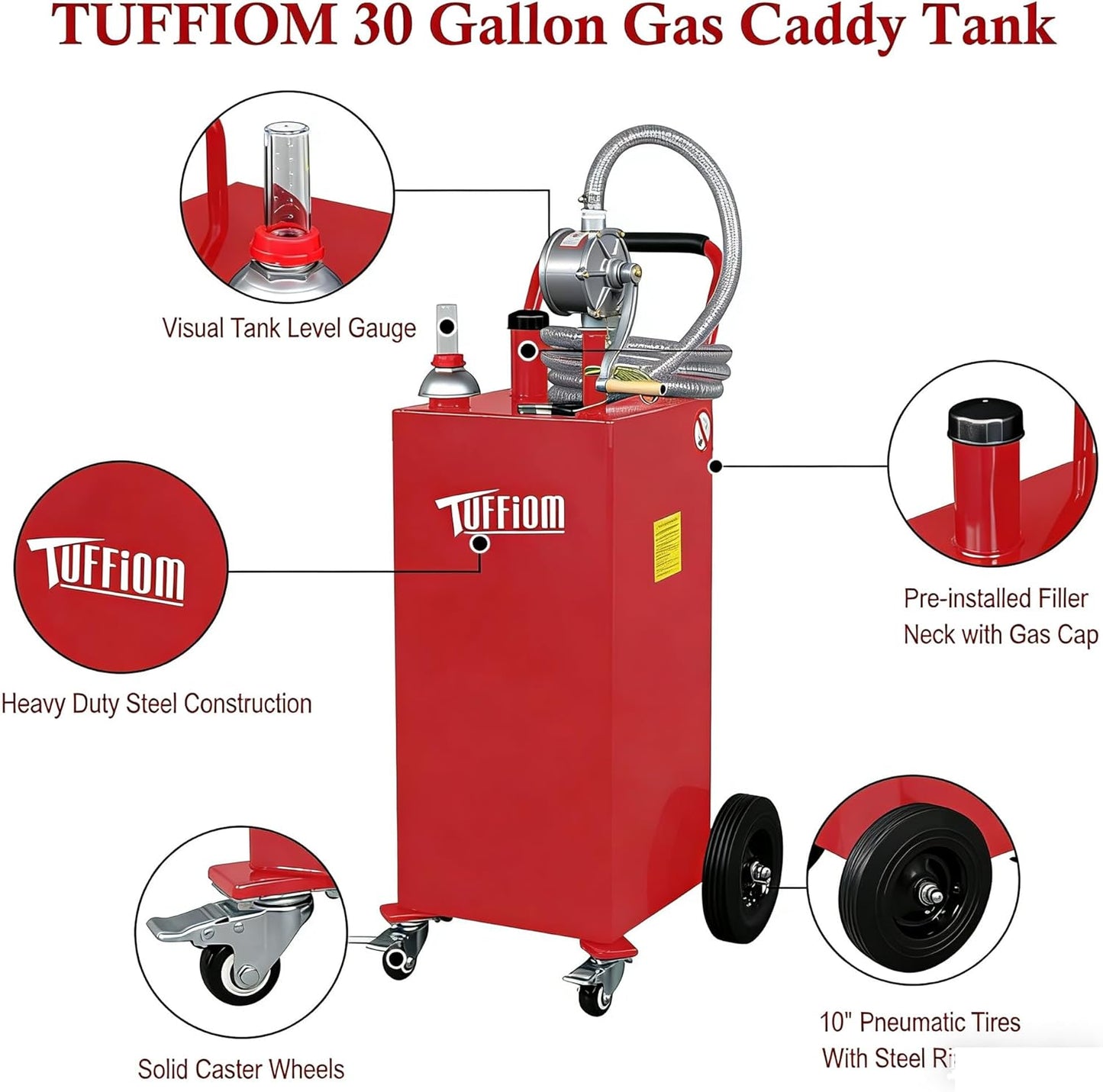 TUFFIOM 30 Gallon Portable Gas Caddy w/Swivel Wheels,Fuel Storage Tank, Gasoline Diesel Can with Fuel Transfer Rotary Hand Siphon Pump for Automobile ATV Car Mower Tractor Boat Motorcycle