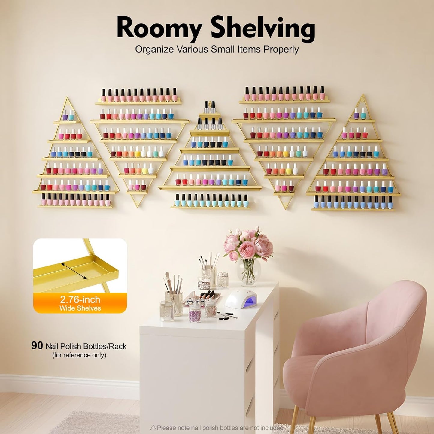 Elegant Wall Mounted Nail Polish Storage Rack Set of 10 Triangular Cosmetic Display Shelves for Essential Oil Bottles, Organize Your Lipsticks and Perfumes in Style at Home or Salon (Gold)