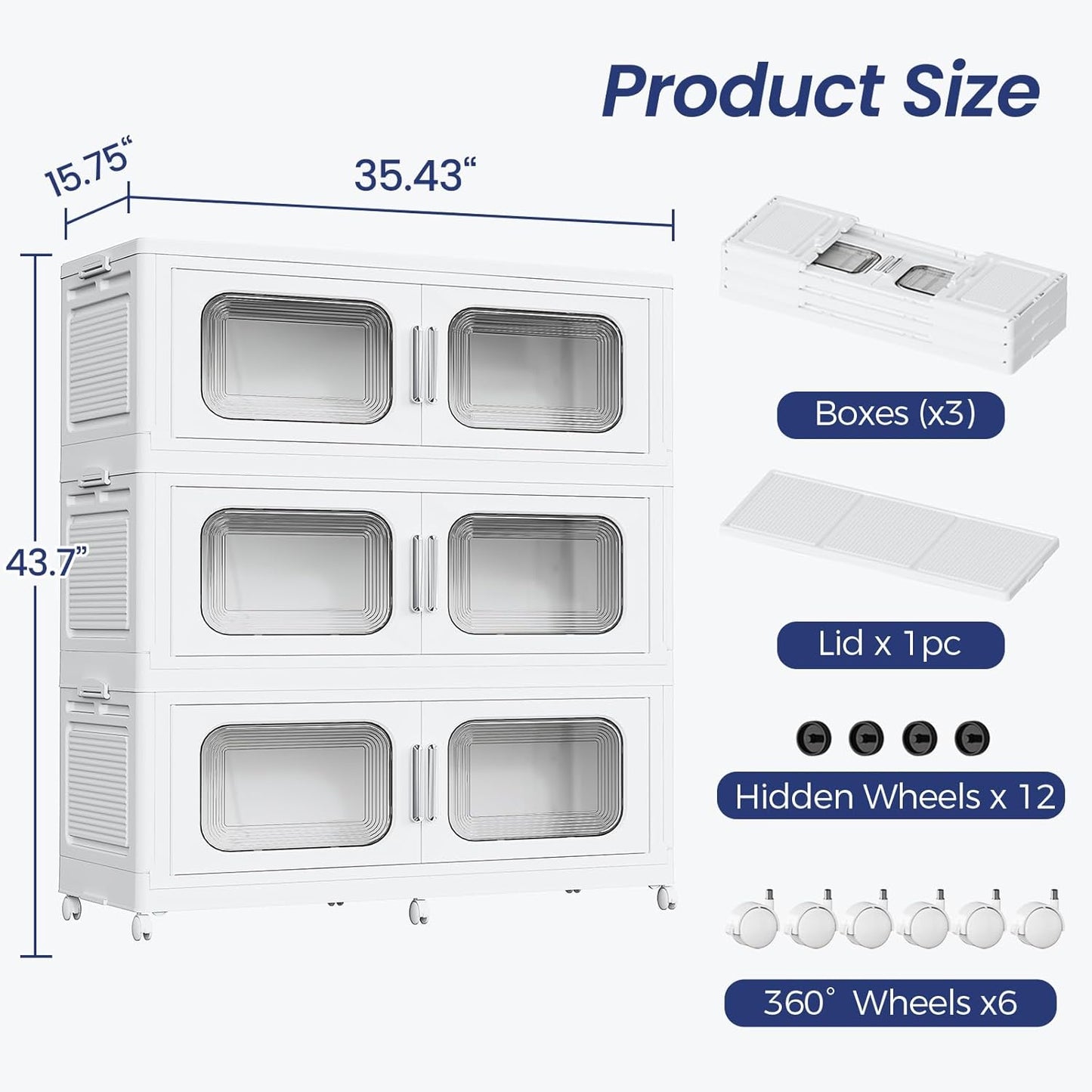 150 Gallon Extra Large Storage Bin with Lid and Wheels, Stackable Collapsible Plastic Storage Box with Door, Foldable Organizer for Closet, Kitchen, Office, Living Room, 3 Pack White