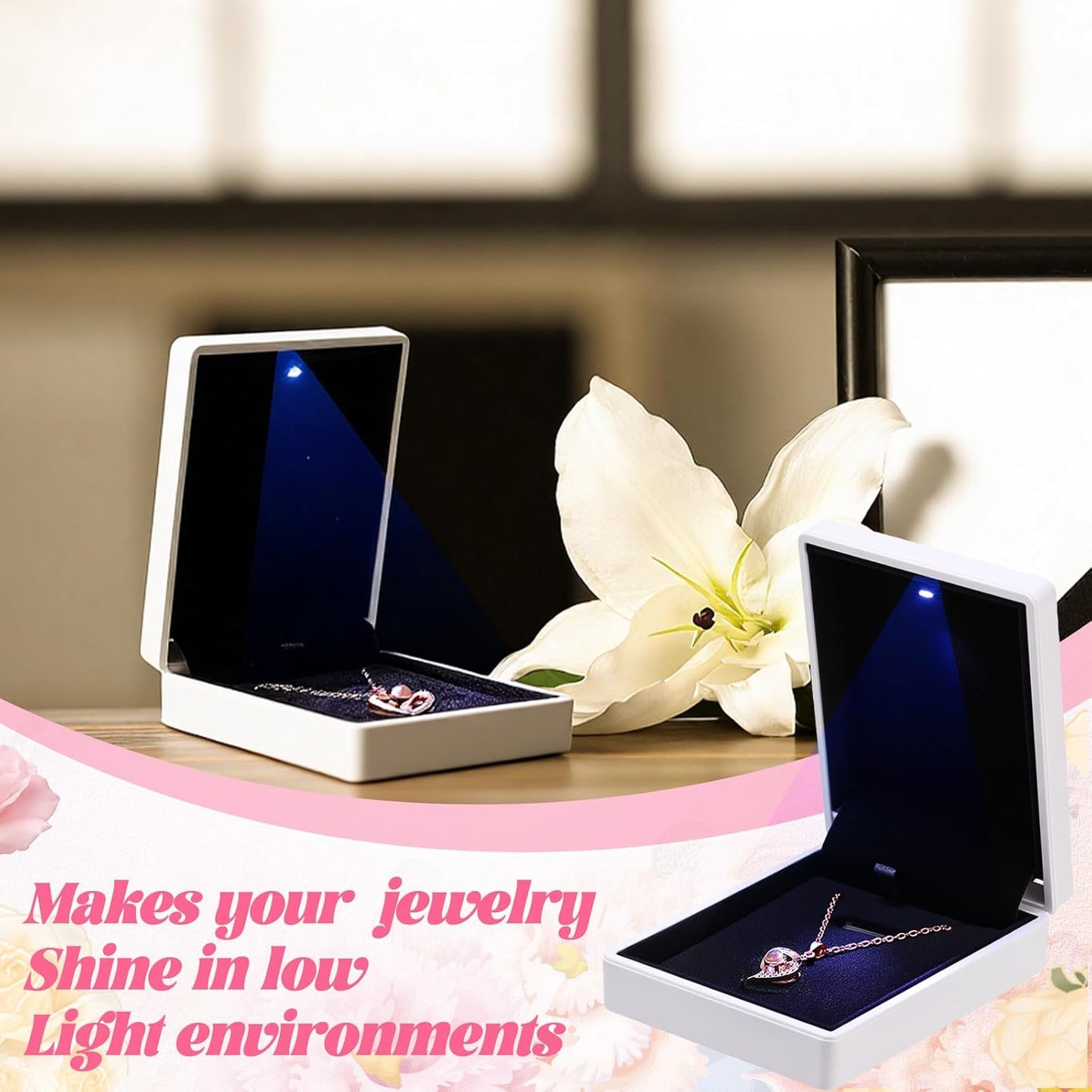 Landical 10 Pcs Pendant Necklace Box with LED Light Velvet Necklace Case for Pendant Bracelet Ring Earring, Jewelry Storage(White)