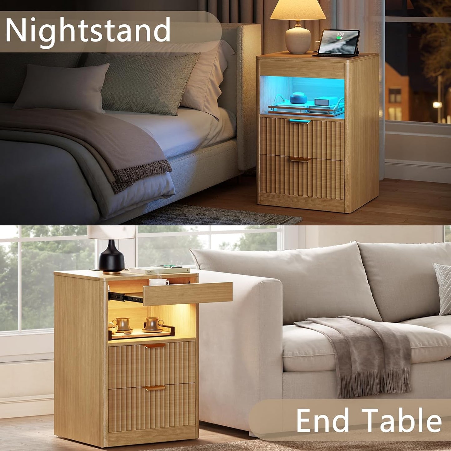 REAHOME Fluted Nightstand with Charging Station, Modern LED Night Stand with 2 Drawers and Pull Out Tray, Wood Bedside Table, End Side Table with Open Shelf for Bedroom,Natural