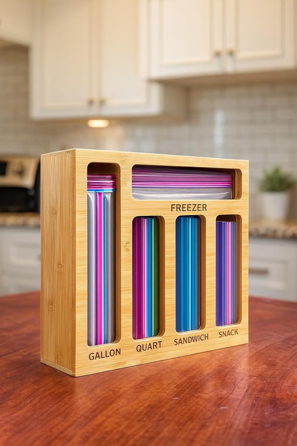 Bag Storage Organizer for Kitchen Drawer, Bamboo Organizer, Compatible with Gallon, Quart, Sandwich and Snack Variety Size Bag (1 Box 5 Slots)