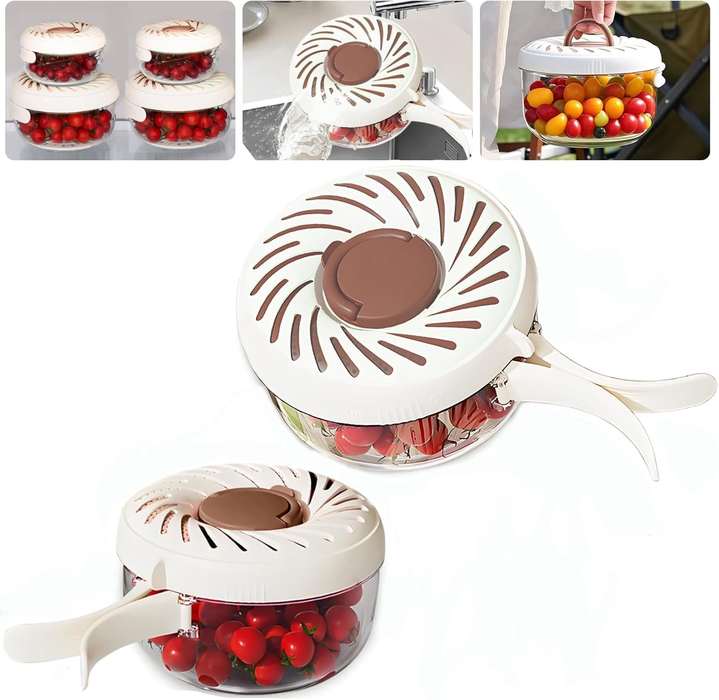 2025 Upgrade Fruit Washing Bowl with Strainer(2.85QT+1QT),3 in 1 Multipurpose Drain Basket with Lid & Ice Box,Foldable Handle Fruit Strainer,Fruit Washer Perfect for Fridge Storage and Outdoor Picnics