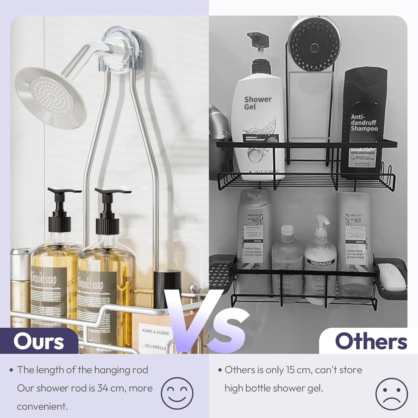 SWTYMIKI Bathroom Shower Caddy Hanging - 3 Tier Rustproof Over Shower Head Organizer, No Drilling Bathroom Shelf with 16 Hooks & Soap Holder, Anti-Swing Rack, Sand Nickel, Medium