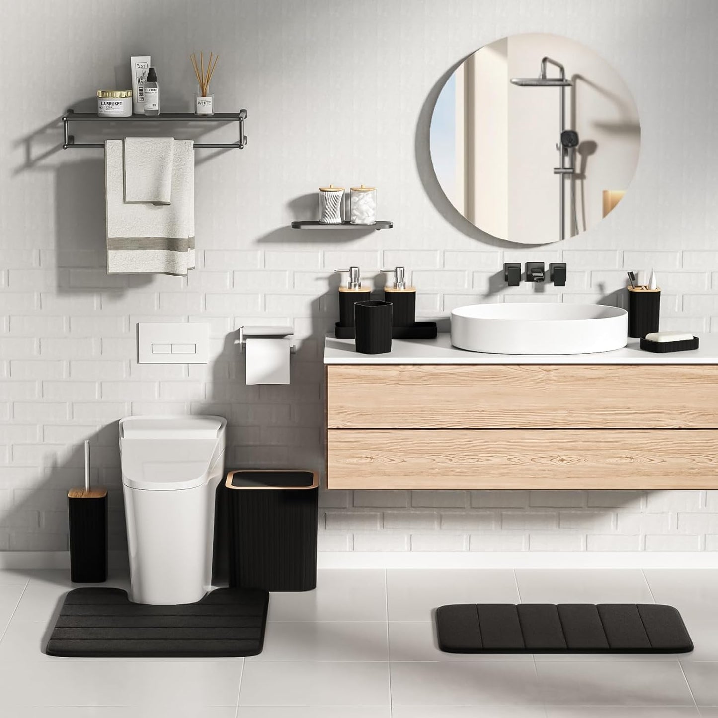 Bathroom Set - 25PC Black Bathroom Set with Shower Curtain and Rugs, Bathroom Accessories Set, Black Shower Curtain Set with Bathroom Trash Can