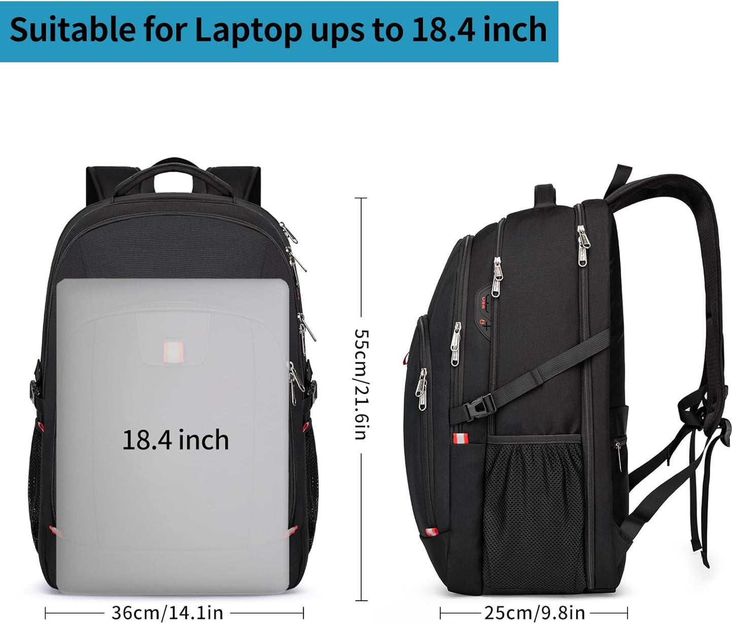 Della Gao Travel Laptop Backpack, 18.4 inch Extra Large Backpack for Men and Women, 45L Capacity Business Computer Back Pack (Black Blue, 18.4 Inch)