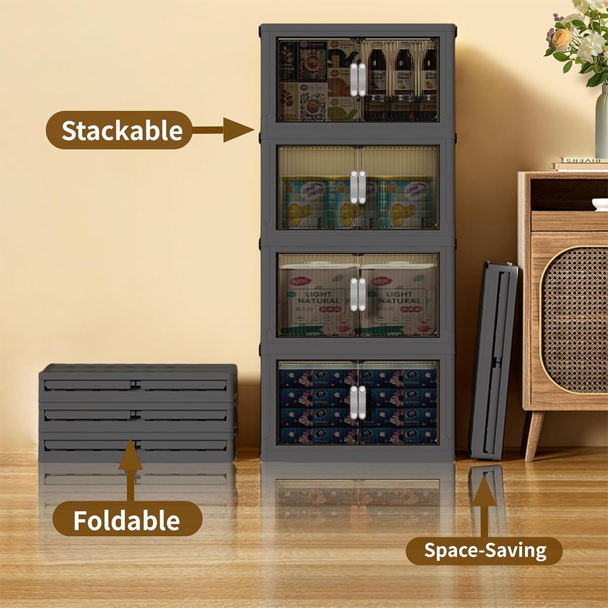Stackable Storage Bins with Lids and Wheels for Home Organization-Large Foldable Containers Plastic Wheel Collapsible Storage Cabinet Boxes for Home, Pantry, Office (S, Gray 2-Tier)