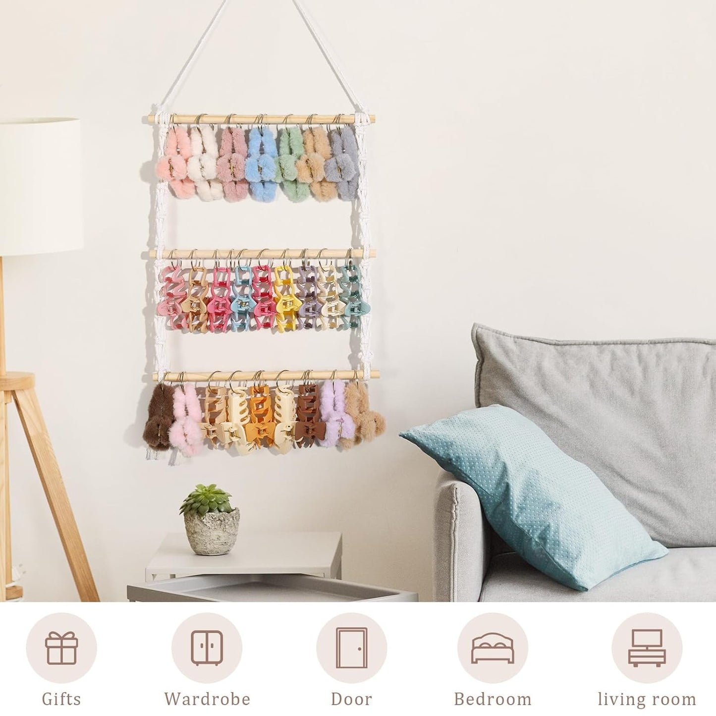 SNOWSTAR Macrame Hair Claw Clip Organizer with 30 Metal Rings,Hanging Hair Clip Holder and Storage for Women Girls,Claw Clips Hanger Home Decor for Wall,Door,Closet