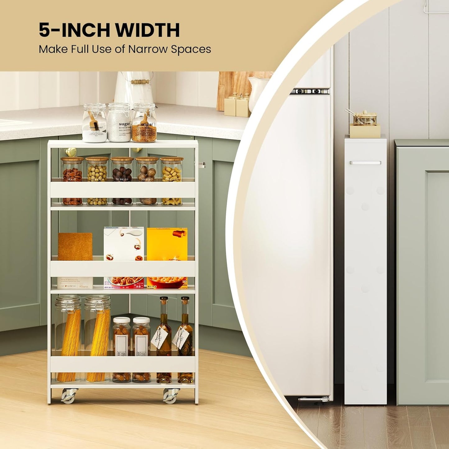 Small Kitchen Cart, 4-Tier Slim Rolling Island w/Handle, Laundry Room Storage Organizers Between Washer and Dryer, Narrow Spice Rack on Wheels Next to Fridge (White, 5'')