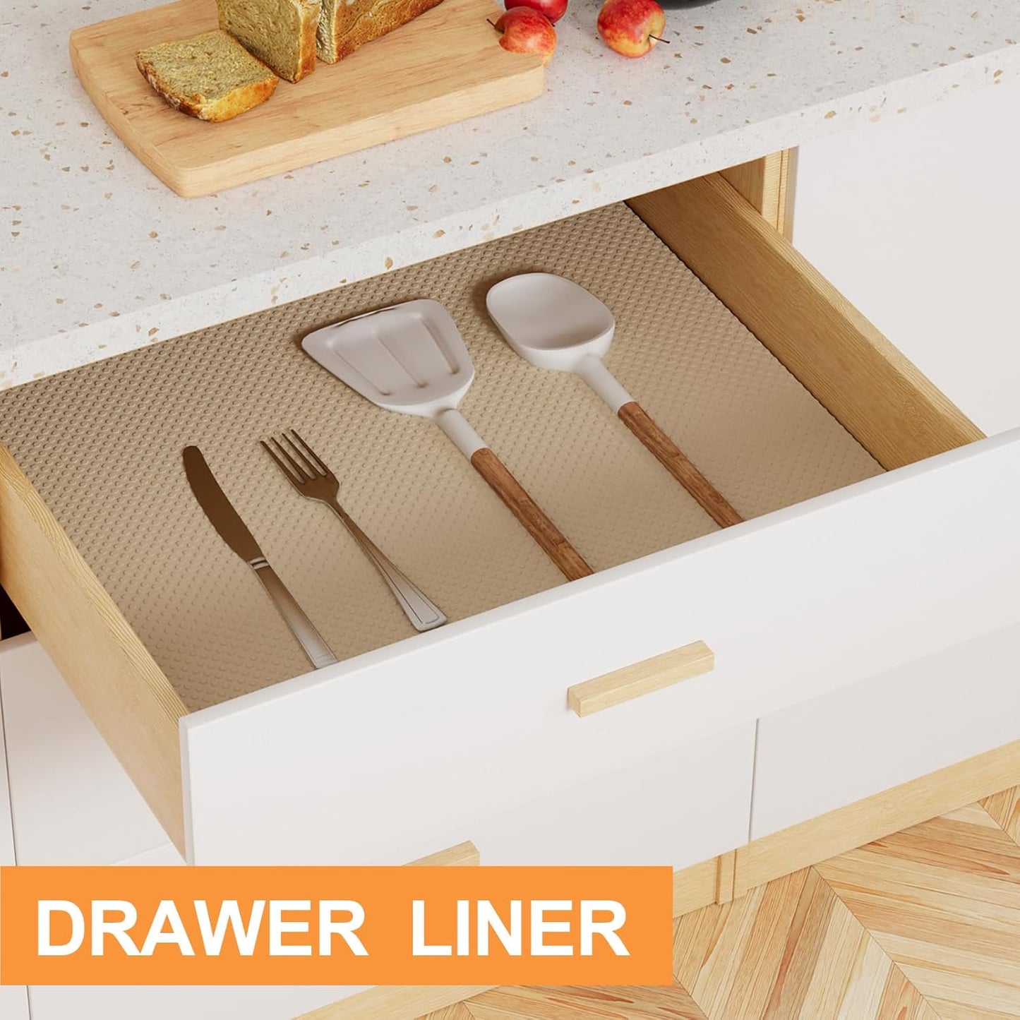 Shelf Liners for Kitchen Cabinets Waterproof - 15 Inch x 20 FT Easy to Clean Drawer Liner - Non-Adhesive Cupboard Mat for Pantry Shelves Khaki