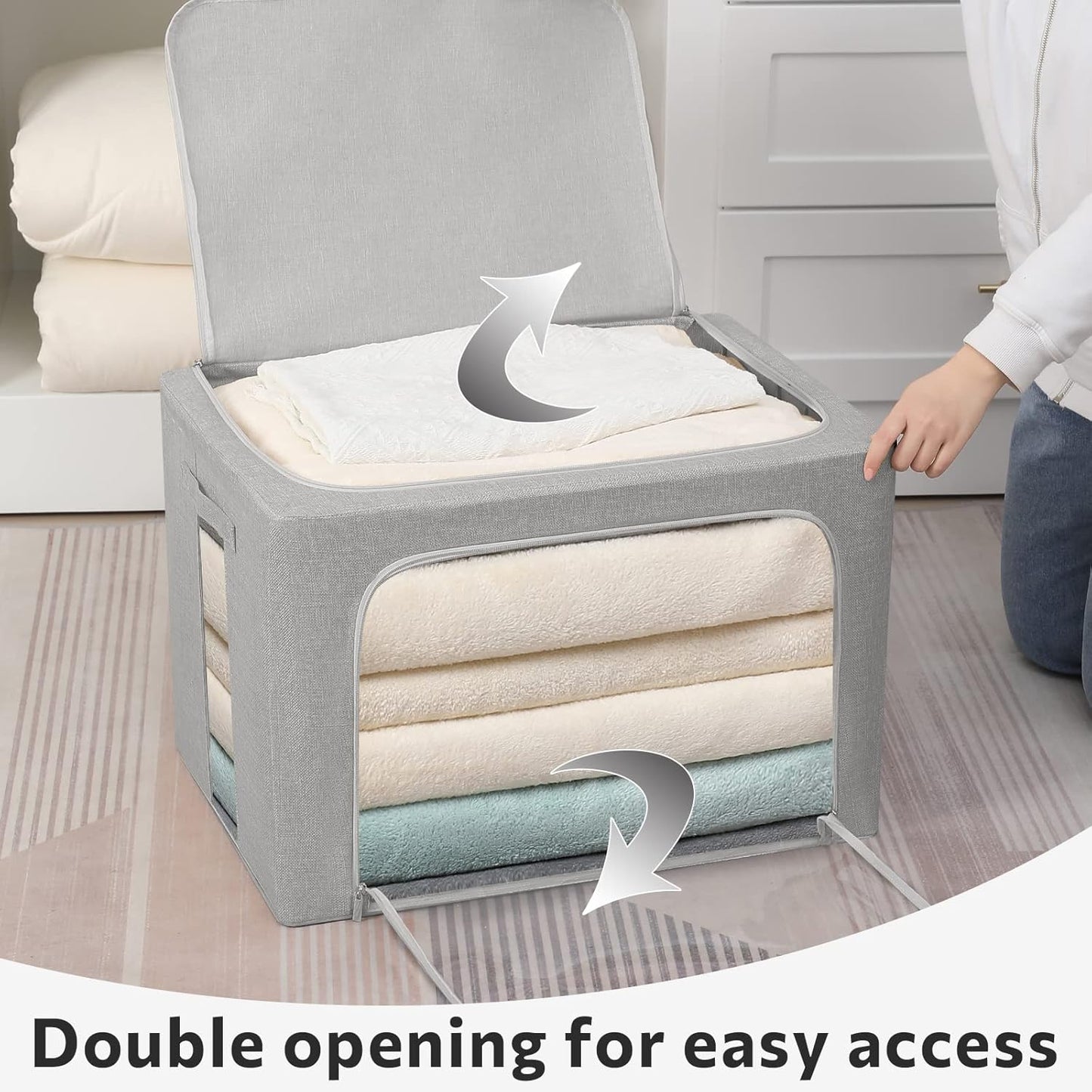FHSQX 2 Pack Clothes Storage Bins Stackable Metal Frame Storage Box Large Capacity Foldable Linen Fabric Box Organizer with Carrying Handles and Clear Window (Light Gray, 19.7x 15.7x 12.6 Inch)