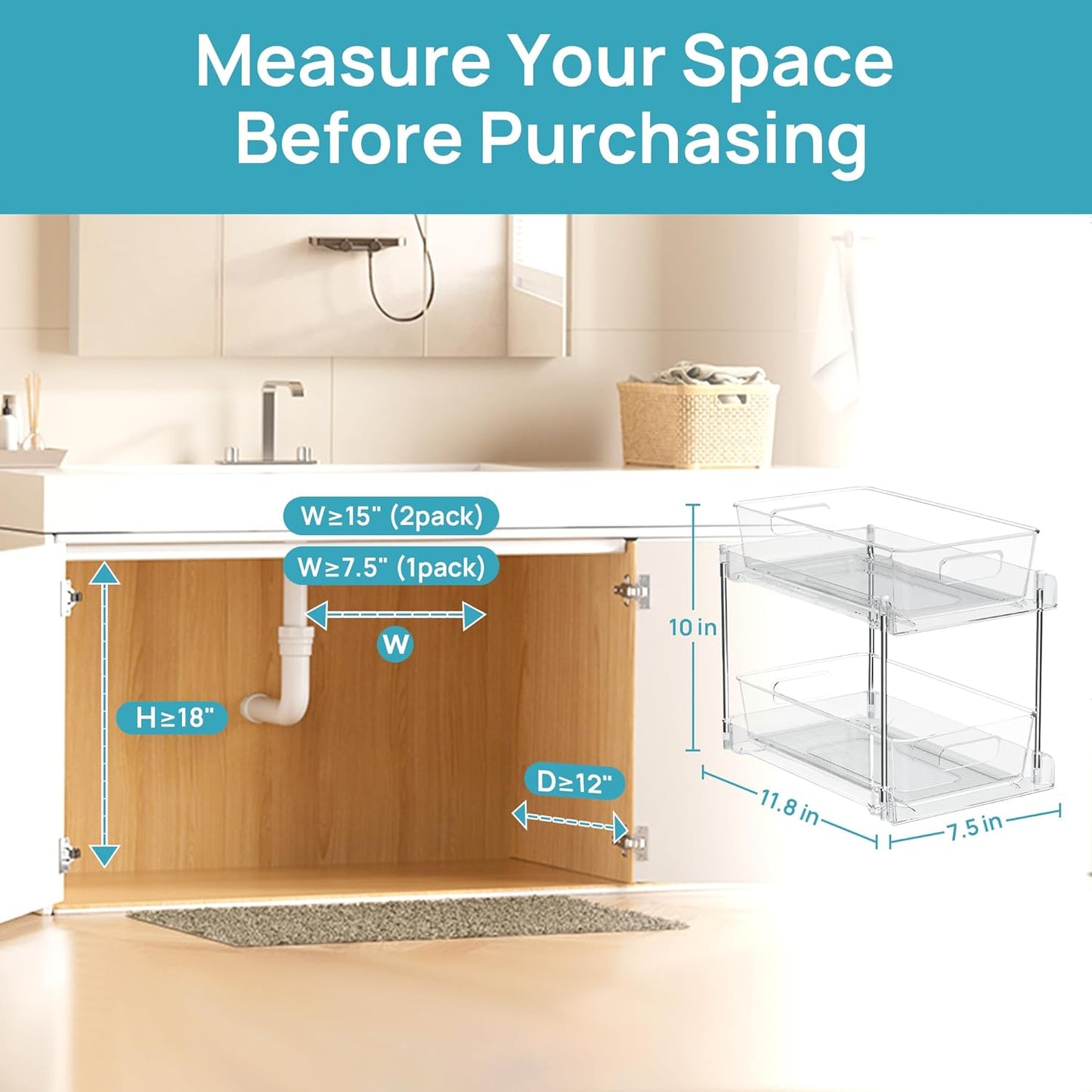 Vtopmart 6 Pack Bathroom Organizer, 2 Tier Clear Under Sink Organizers Vanity Countertop Storage Container,Cabinet Drawers Bins, Pull-Out Organization with Track for Pantry, Kitchen