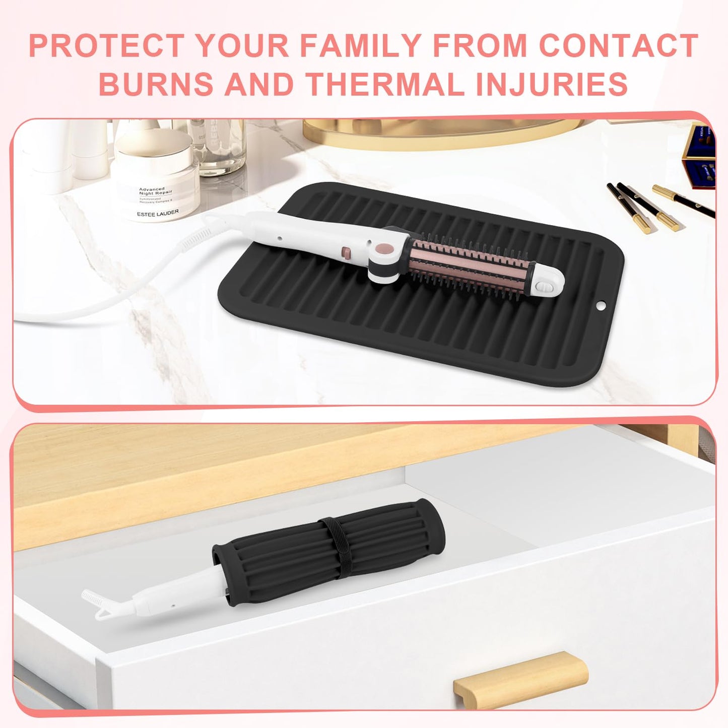 Large Silicone Heat Resistant Mat, Professional Hot Hair Tools Mat for Curling Iron, Flat Iron, Hair Straightener, Portable Hot Pad Cover with Velcro for Travel Home Salon(11.8" x 9.0")