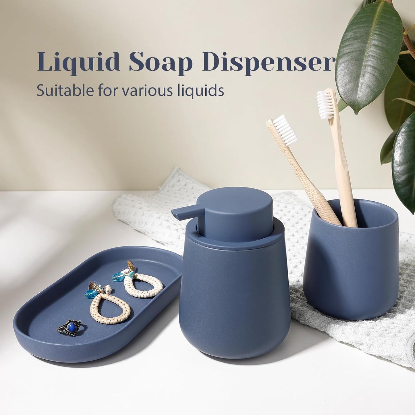 INGOFIN 3 Pcs Ceramic Bathroom Accessory Set - Liquid Soap Dispenser, Toothbrush Holder & Tray, Bathroom Counter Set, Countertop Essentials for Home, Guest Bathroom, or Office Use, Matte Blue
