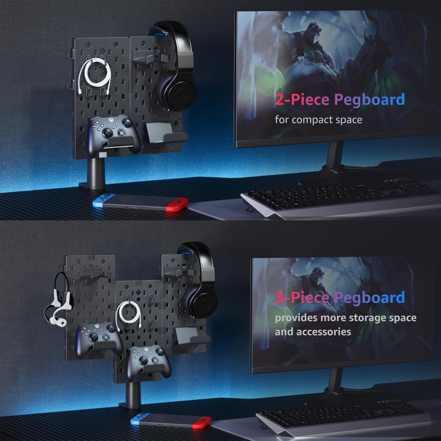 PEGZONE Modular Headphone and Controller Holder for Game, Clamp-on Pegboard, Rotatable Controller Stand with Cable Hooks, Gaming Accessory for Xbox PS5 PS4 Nintendo Switch, 3Pcs Pegboard, Black
