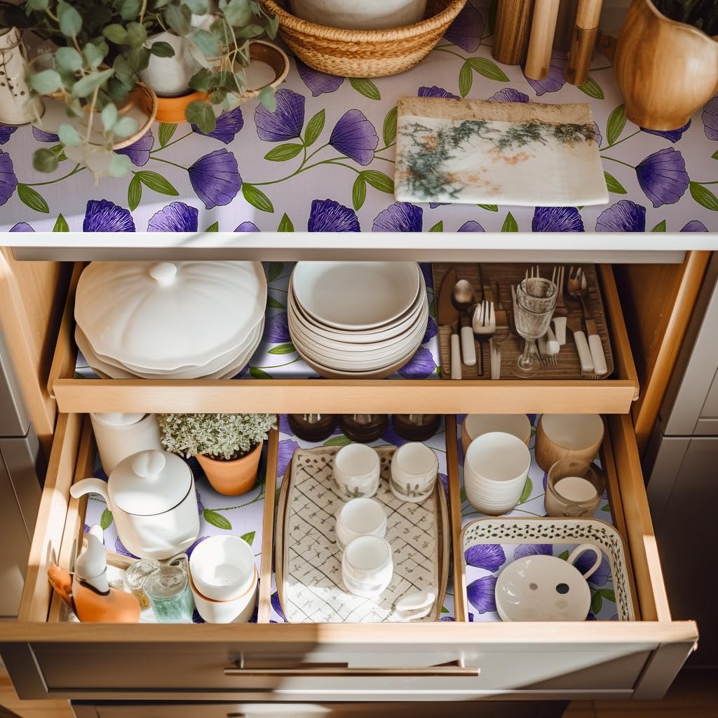 18" W x 96" L Floral Drawer and Shelf Liner for Cabinets, Non-Adhesive Strong Grip Non-Slip Flower Shelf Cabinet Kitchen Shelf Liners for Kitchen Cabinets