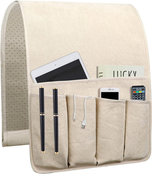 NB Sofa Armrest Organize remote holder bedside caddy organizer with 5 pockets，non-slip couch remote control holder couch armchair caddy accessories (Beige, 35"x12.4")