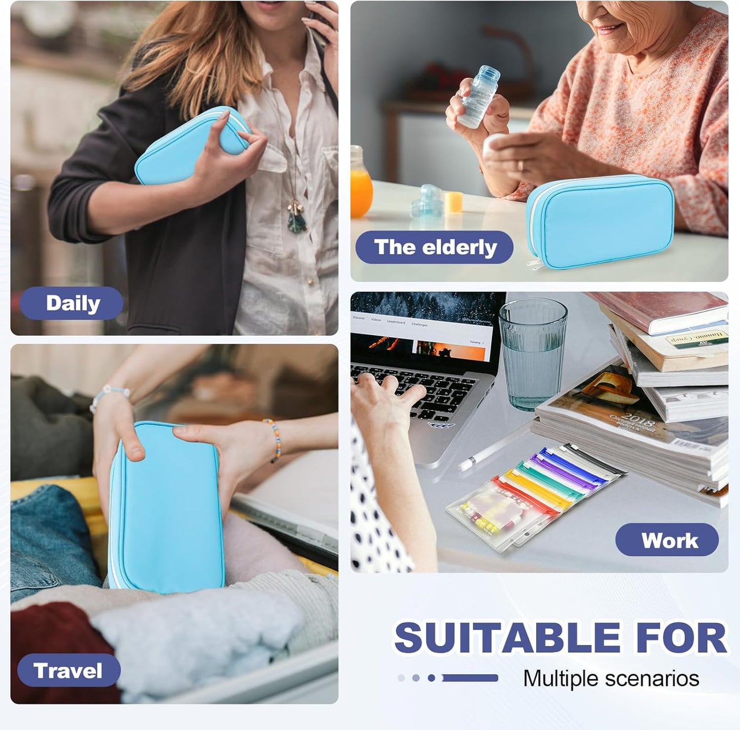 Weekly Pill Organizer 2 Times a Day - Timueetech A6 Waterproof 14 Pill Pouch Bags for Travel, BPA-Free Medicine Storage with Labels & Self-Sealing Design for Vitamins and Supplements, Blue